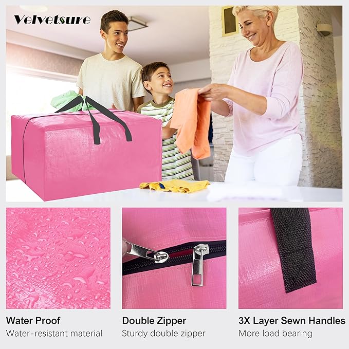VELVETSURE 12 Pack Heavy Duty Large Moving Bags W/Backpack Straps - Strong Handles & Zippers, Storage Totes For Space Saving, Fold Flat, Alternative to Moving Box and Storage Bin, Pink