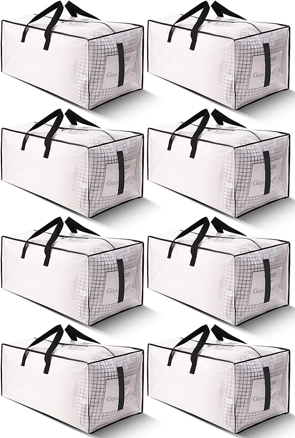 HOMESURE 8 Pack Large Strong Moving Bags with Zippers & Carrying Handles - Water-Resistant - Heavy Duty Storage Tote for Space Saving, Fold Flat, Alternative to Moving Box (Semi-Transparent)