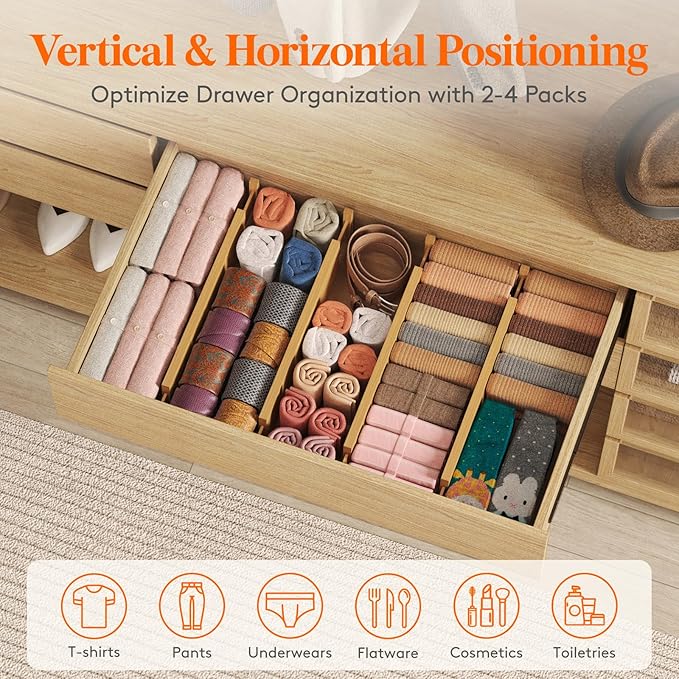 Lifewit 4" High 4 Pack Bamboo Drawer Dividers 43-54cm/17-21.5" Adjustable Wooden Drawer Organizer for Clothes/Utensils, Expandable Drawer Separator for Dresser/Kitchen/Bedroom/Office Organization