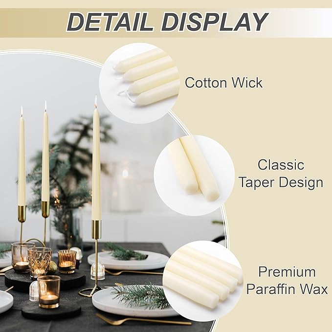 Taper Candles 10-Inch - Ivory Dripless Candlesticks Unscented Tall Cream Tapered Candles Smokeless Slow Burn 8 Hours Candle Sticks Paraffin Wax with Cotton Wicks for Wedding Dinner 24 Pack