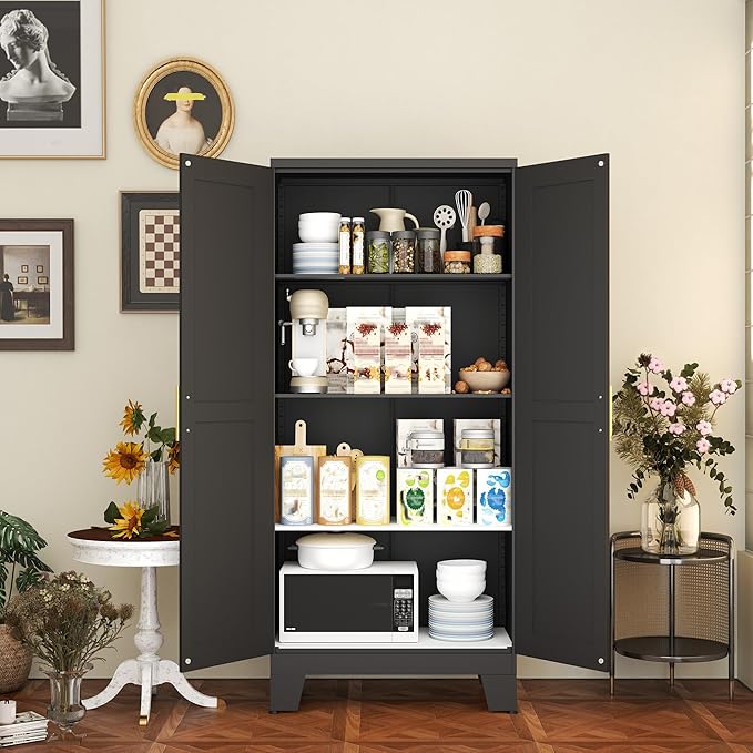 White Metal Storage Cabinet, 61" Steel Cabinets for Home Office, Kitchen Pantry Storage Cabinet with Doors and 3 Adjustable Shelves, Tool Cabinet, for Office, Home, Garage, School