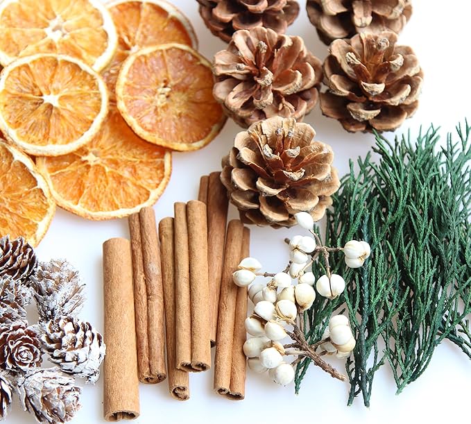 DIY Natural Dried Flower Kit - Bulk Dried Plants, Pine Cones, Scented Lemon Slices, Cinnamon Sticks Wood Roses & Mini Pinecones for Home Décor, Christmas Decoration (Orange - B)