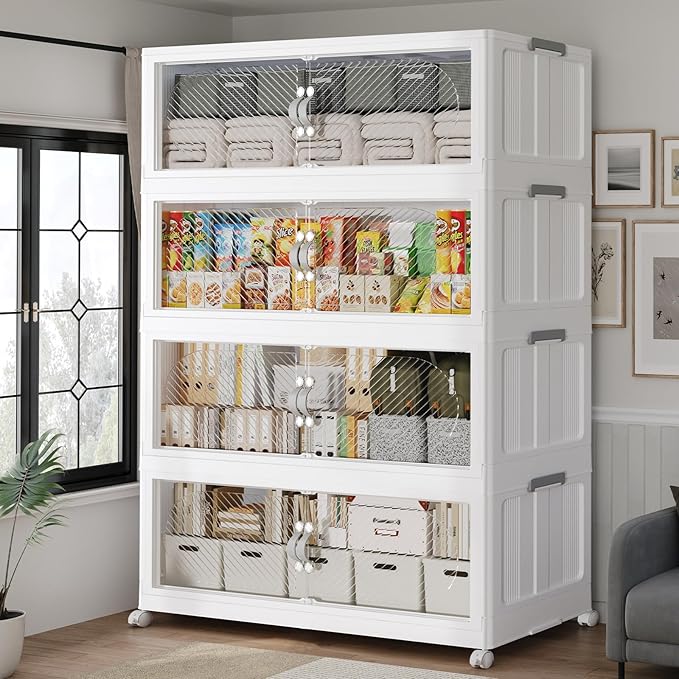 640QT Extra Large Stackable Storage Bins with Lid, 160Gal Plastic Closet Organizers and Storage Drawer, Collapsible Cabinet Box with Wheels Clear Doors for Home Kitchen Office, 4Pack White