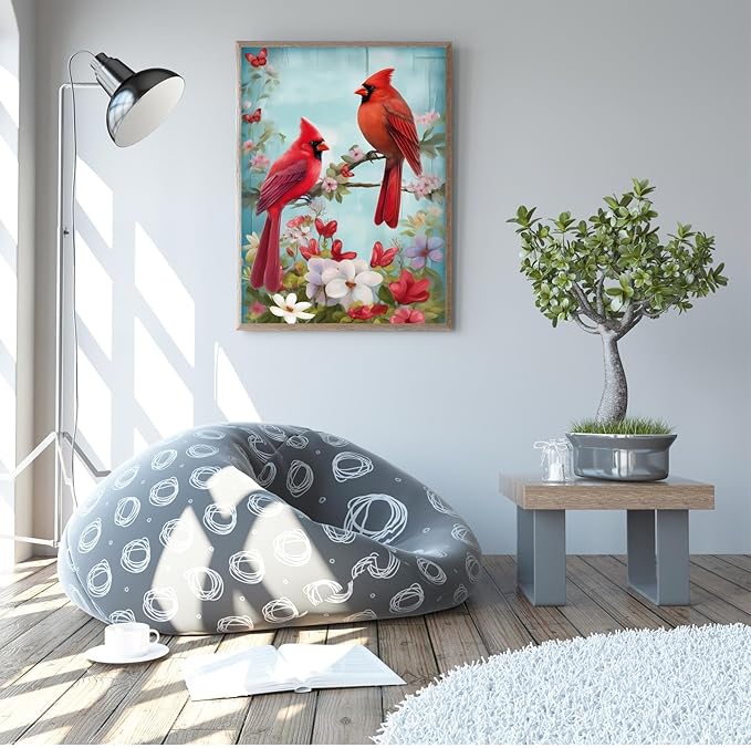 GUAIEUW Red Bird Bouquet Diamond Painting Kit for Adults, Full Round Diamond Cardinal Bird 5D Diamond Painting DIY Art Crafts for Winter Home Wall Decor Holiday Gift 12x18 Inch