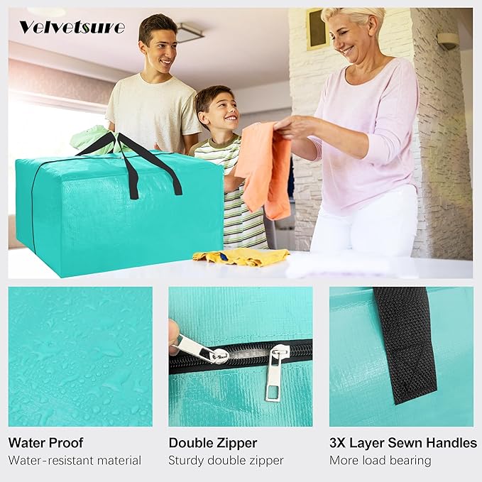 VELVETSURE 6 Pack Heavy Duty Large Moving Bags W/Backpack Straps - Strong Handles & Zippers, Storage Totes For Space Saving, Fold Flat, Alternative to Moving Box and Storage Bin, Aquamarine