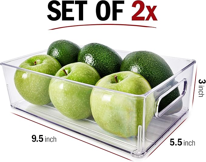 fullstar Fridge Organizer Bins Refrigerator Organizer - Set of 2 Refrigerator Organizer Bins and Freezer Organizer. Clear Storage Bins with Handles for Pantry Organization and Storage