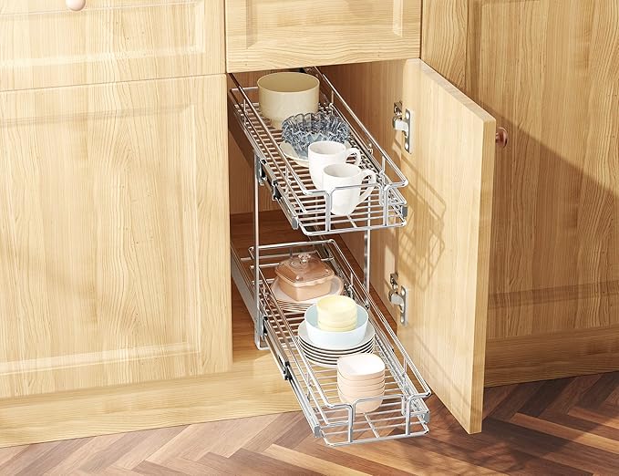 LOVMOR Individual Pull Out Cabinet Organizer, 2 Tier Slide Out Cabinet Drawers, Pots and Pans Organizer and Storage Pantry Shelf for Kitchen (5½" W x 21½" D)