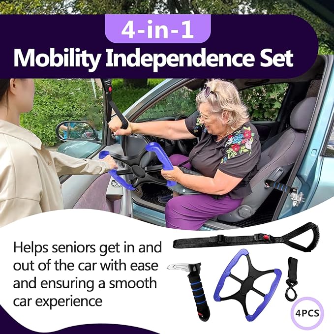 4-in-1 Mobility Independence Set, Incl Car Door Handle For Elderly, Portable Standing Aid, Adjustable Car Door Handle with Lift Assist Hook, Car Door Assist Handle for Elderly, Disabled and Pregnant