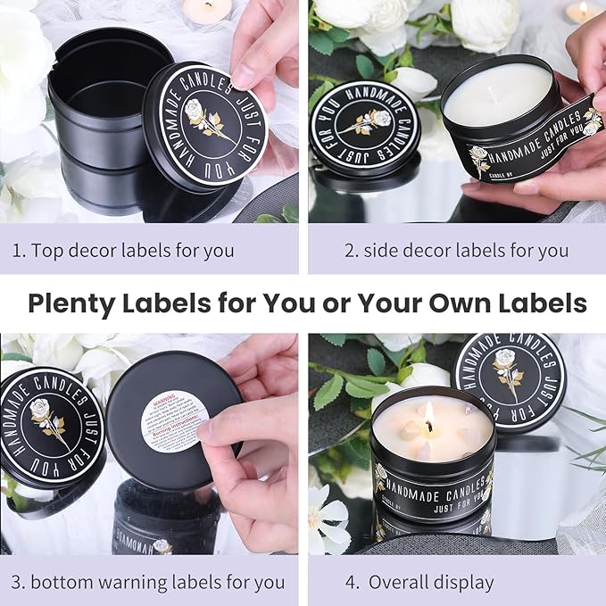 CONNOO 24 Pack Candle Tins - 12pcs 8oz + 12pcs 4oz Matte Black Candle Jars with Lids for Making Candles, Bulk Empty Candle Containers with Sticky Warning Labels for Candle Making, Storage, and Gift