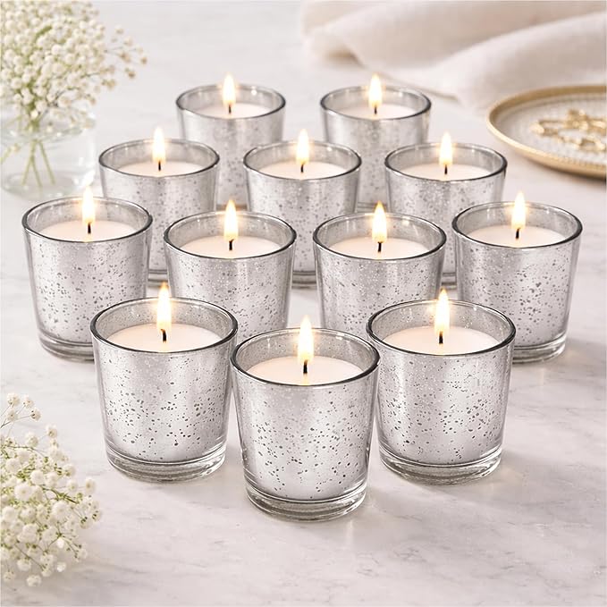 Hosley Set of 12 Silver Mercury Filled Glass Votive Candles. Ideal Gift for Weddings, Bridal Showers, Parties, Home Decor, and Special Events