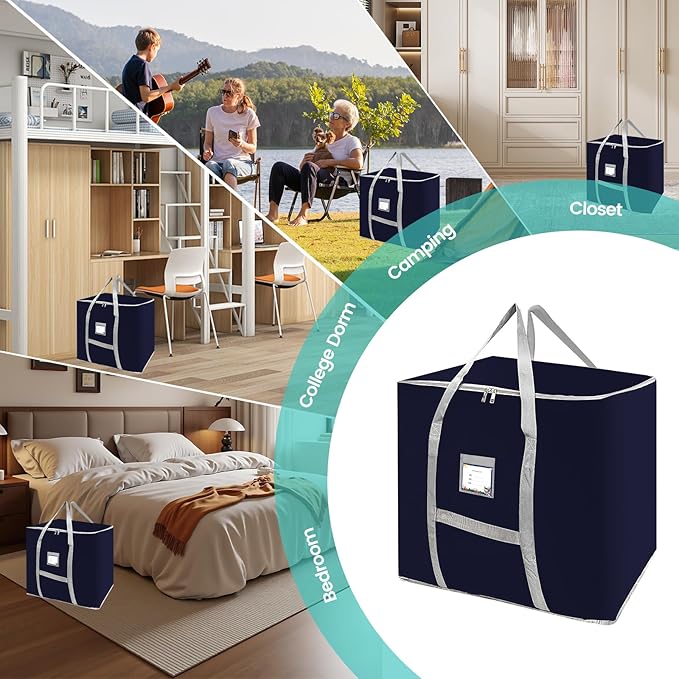 3 Pack Different Size Large Storage Bags, Heavy Duty Storage Bags, Large Moving Bags, Space Saving, Storage Tote Bag, Organizing Bedroom, with Reinforced Handles & Double Zippers (Blue)