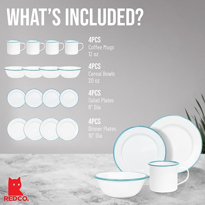 Red Co. 16-Piece Enamelware Metal Dinnerware Set for 4, Solid White/Teal Rim