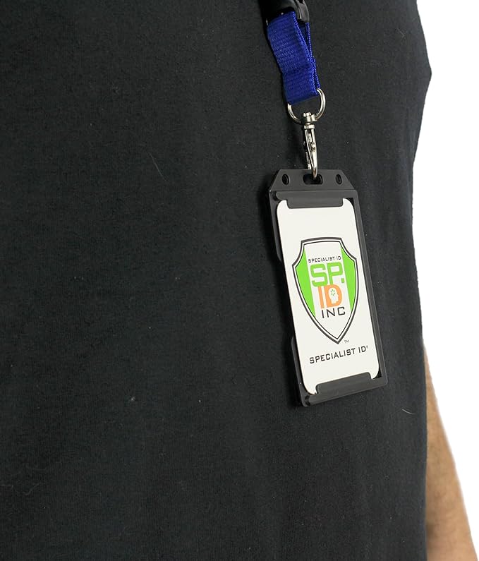 5 Pack - Heavy Duty 2-Sided Rigid Multi Card Holder - Hard Plastic Vertical ID Badge Holders for 2 Standard or Thick Prox Cards, Fuel Card, CAC, Work Badge, or Credit Cards by Specialist ID (Blue)