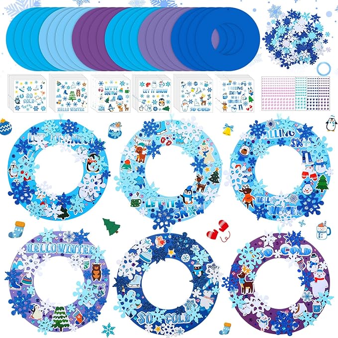 Hollowfly 48 Sets Winter Wreath Craft Kits DIY Snowflake Wreath Hanging Ornaments Make Your Own Paper Craft with Stickers for Winter Xmas Home Party Favors Activities