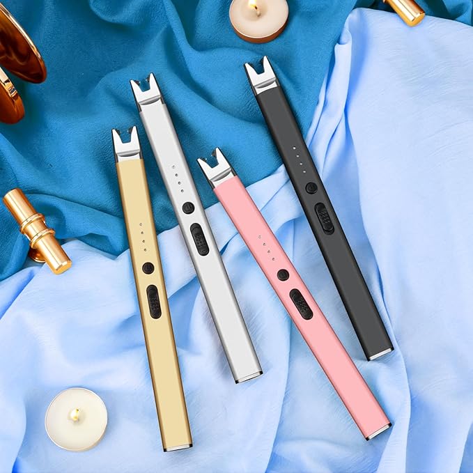 LcFun 2 Pack Candle Lighter Electric USB Rechargeable Plasma Arc Lighter with Safety Lock, Windproof Flameless Long Lighters for Candle, Grill, BBQ, Camping, Gas Stoves (Silver, Rose Gold)