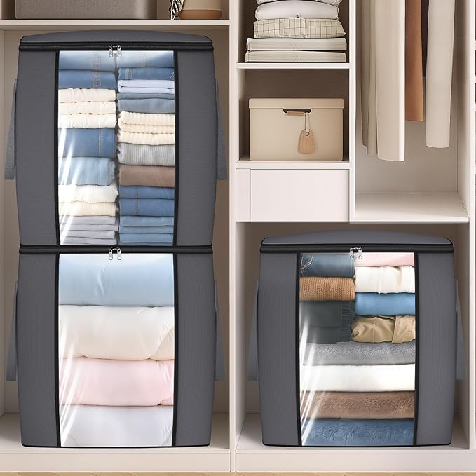 TasticTotes 120L Extra Large Clothes Storage Bags, Foldable Blanket Storage and Organization, Thick Fabric Containers with Reinforced Handles & Zippers for Clothing, Comforters, Bedding, Gray, 6 Pack
