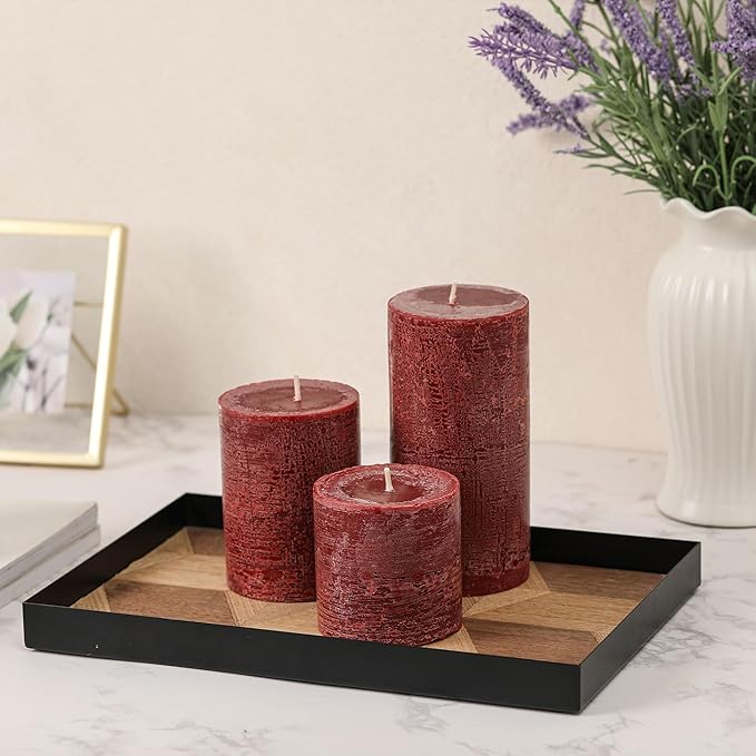 3x4 Inch Burgundy Pillar Candles Set of 3 - Hand-Poured Unscented Candles, Long Clean Burning, Dark Red Pillar Candle, Smokeless Dripless Candle for Dinner Table, Wedding, Home, Rustic Decor