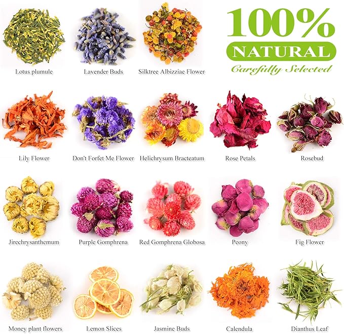 LAVEVE Dried Flowers, 21 Bags 100% Natural Dry Flower Herbs Kit for Soap, DIY Candle, Bath, Resin Jewelry Making Include Lavender, Don't Forget Me, Lily, Rose Petals, Jasmine and More