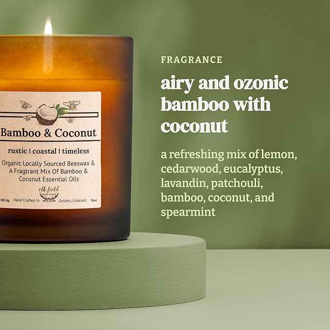 Bamboo Coconut Organic Beeswax Candle | 2 Ingredients | 100% Pure Beeswax Candles, Non Toxic, Natural, Organic Candles, Beeswax Candles Scented, Non Toxic Candles, 80 Hour, 14oz
