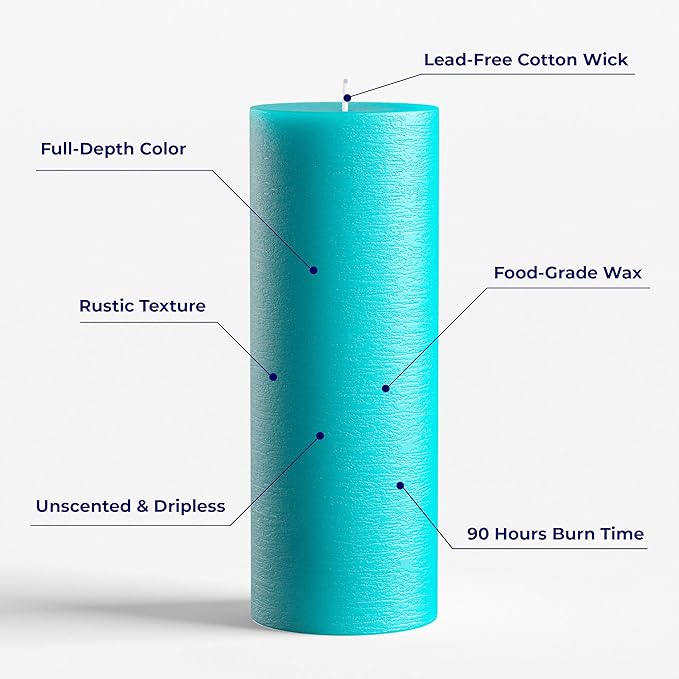 Melt Candle Company Set of 2 Pillar Candles 3" x 8" Unscented Handpoured Weddings, Home Decoration, Restaurants, Spa, Church Smokeless Cotton Wick - Turquoise