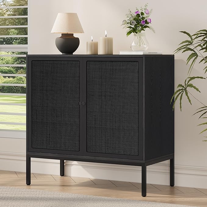 Yechen Full Black Rattan Cabient, Boho Sideboard Cabinet with Natural Rattan Decorated Doors, 31.5" W Accent Cane Credenza Buffet Console Storage, for Living Room Entryway Kitchen, Metal Legs/Set of 3