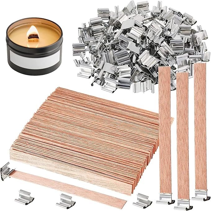 200 pcs Wooden Wicks for Soy Candle Making,6 inch Crackling Wooden Wicks/Slow Burning Candle Wick with Metal Base Clip 100 Sets