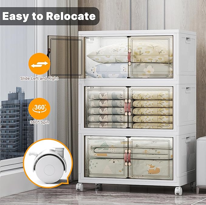 Stackable Storage Bins with Lids, 672QT Closet Organizers and Storage with Doors and Wheels, Extra Large Storage Cabinet, Collapsible Plastic Drawers for Bedroom Dorm Office Garage