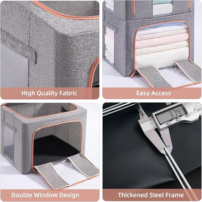 GuliPostan 3 Pack 24L Stackable Clothes Storage Bins with Metal Frame Handles & Zipper, Collapsible Closet Organizer Box with Lid for Bedding Blankets Towel (Grey)