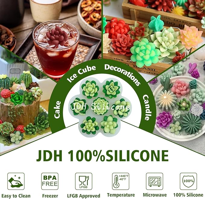 7 Pcs Succulent Fondant Molds 3D Silicone Cactus Succulents Leaves Moulds Succulent Plants Resin Molds Grow Plant Cupcake Cookie Baking Decorating Moulds for Summer Birthday Party DIY Candy, White