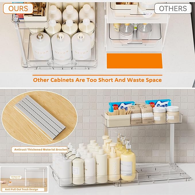 Yieach 2 Pack Under Sink Organizer,14.5″ Deep Sliding Inder Sink Organizer for Kitchen and Bathroom Under the Sink Organizer,2 Tier Undersink Organizers for Vanity,Under Counter Storage Organization