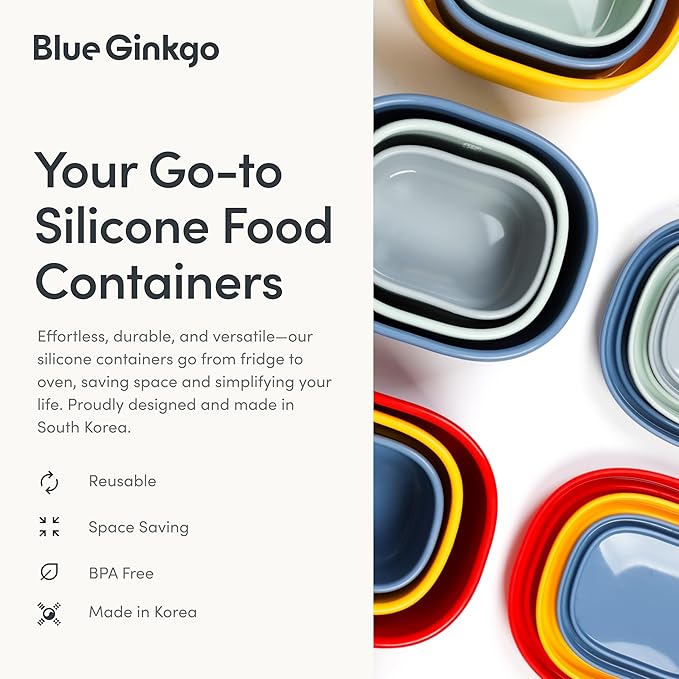 BLUE GINKGO Nesting Silicone Containers - Large Silicone Food Storage Container | BPA Free, Airtight, Dishwasher and Freezer Safe (47.5 oz) - Green