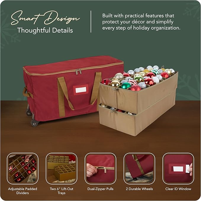 Covermates Keepsakes Rolling Adjustable Ornament Storage Bag – Heavy-Duty Polyester, FlexGrid Trays & Padded Dividers – Protective Holiday Organizer with Wheels, Handles & ID Window, Red