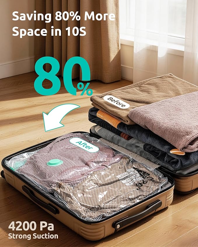 NUTICT 12 Pack Vacuum Storage Bags for Travel with Rechargeable Electric Pump, Long-Term Reusable Vacuum Seal Bags for Clothes and Blankets Compression, Carry-on Space Saver for Luggage and Suitcase