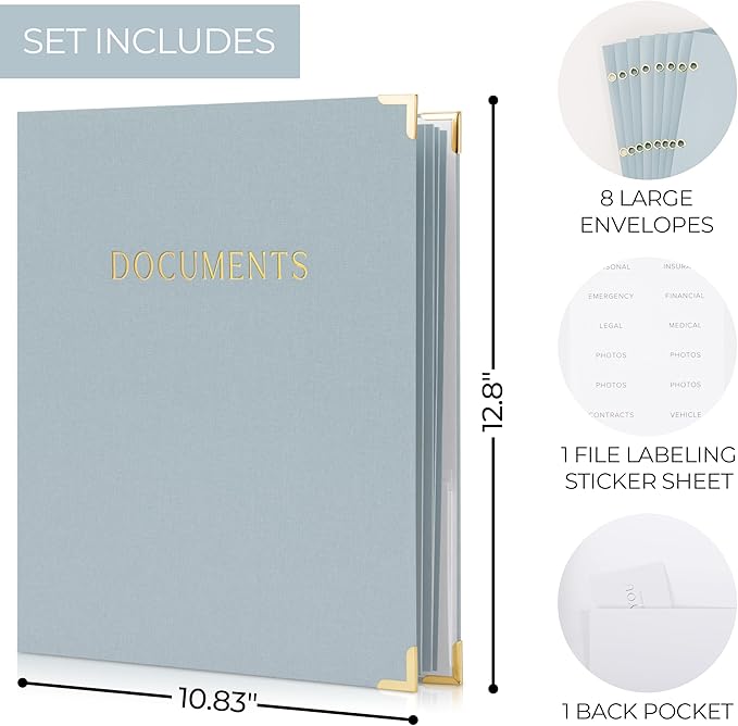 Sturdy Document Organizer Set with Folders - Beautiful Linen 3-Ring Binder Safely Stores All Important Documents & Files in One Place - Easy to Use Expanding Storage Incl. Envelopes, Pockets & Labels