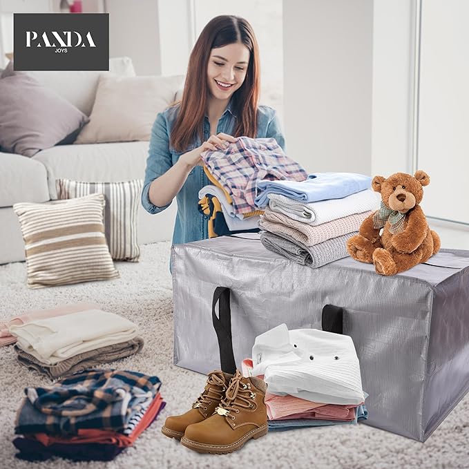 PANDA JOYS Extra Large Moving Bags with Zippers & Carrying Handles, Heavy-Duty Storage Tote for Space Saving Moving Storage, Fold Flat, Alternative to Box and Bin - 12 Pack, Silver
