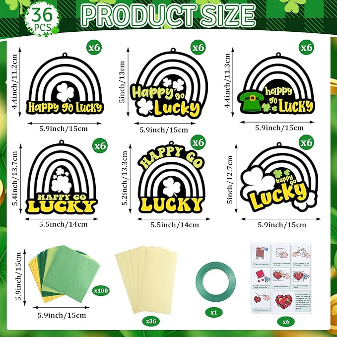 Qyeahkj 36 Set St. Patrick's Day Rainbow Suncatchers Crafts for DIY Lucky Rainbow Shamrock Window Tissue Paper Craft Kit Hanging Decor for Home Activity Art Project Birthday Party Favor