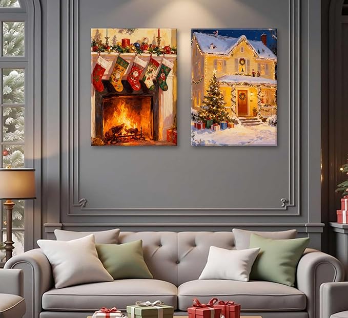 Paint by Number Kit for Adults & Kids, 2 Pack Christmas Scenes 16x20 Inch Framed, DIY Acrylic Painting Kit with Brushes & Paints, Festive Home Art Decor