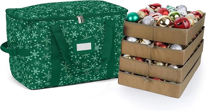 Covermates Keepsakes Adjustable Ornament Storage Bag – Heavy-Duty Polyester, Padded Dividers & FlexGrid Trays – Protective Holiday Ornament Organizer with Handles & Label Window, Green Snowflake