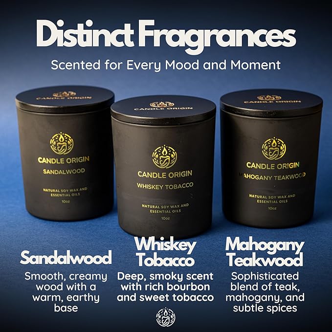 Mens Luxury Candles Gift Set – 3×10oz Masculine Scented Soy Wax Aromatherapy Candles – Sandalwood, Whiskey Tobacco, Mahogany Teakwood – Long Lasting, Non Toxic, Home, Office, Man Cave Decor