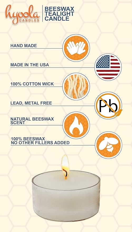 Hyoola Beeswax Tea Light Candles, Decorative Unscented Natural Tealight Candles for Home and Centerpieces, 4 Hour Burn Time - White (Pack of 48)