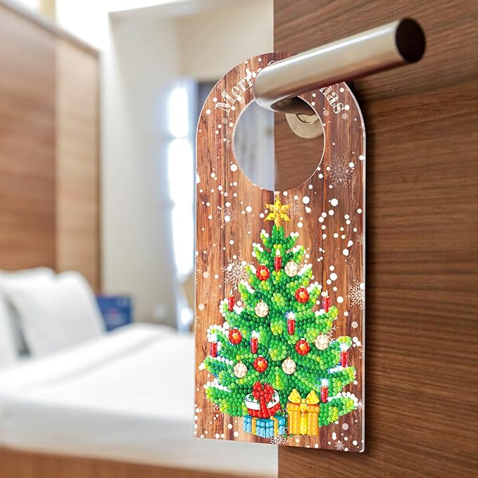 5D Diamond Dots Wood Christmas Door Knob Hanger Ornaments DIY Kit Diamond Art Painting Christmas Tree Hanging Sign Doorknob Pendant Special Shaped Crystal Paint by Number Stitch Room Front Door Decor