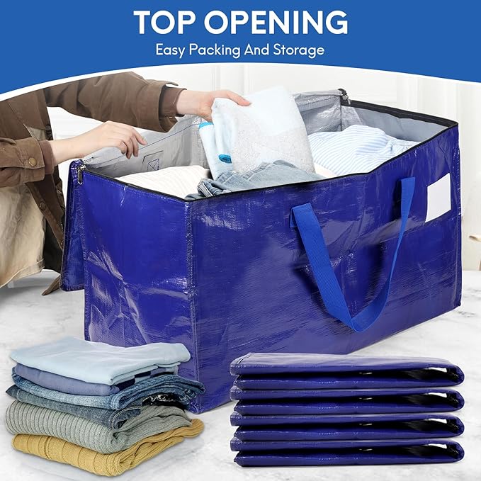 6-Pack Extra-Large Heavy-Duty Moving bags with Reinforced Handles, Durable Zippers & Waterproof Material — Perfect for Space-Saving, Storage, Shipping and Travel (Blue)