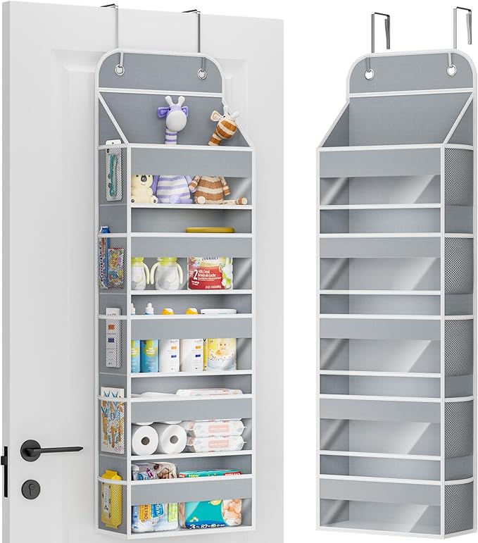 COOLBEBE Over the Door Organizer, 5-Shelf Door Organizer Hanging with10 Side Pockets, 44LB Behind the Door Organizer for Bathroom Bedroom Closet and Baby Essentials (1PC, Grey)