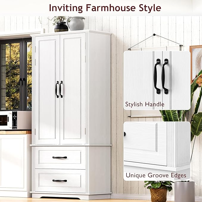 Amposei Farmhouse Kitchen Pantry Cabinet 71-Inch Tall Freestanding Pantry Storage Cabinet Cupboard with Adjustable Shelves for Kitchen Laundry Living Dining Room, White