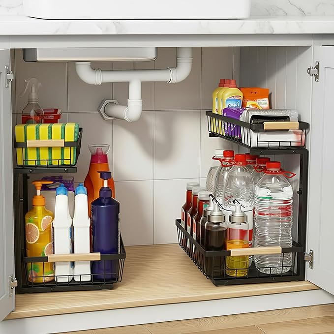 Under Sink Organizer 2 Pack, 2 Tier Pull Out Cabinet Organizers and Storage for Kitchen Bathroom Pantry Laundry, Adjustable Height, Slide Out Thickened Metal Storage Shelf (Black, 2 Pack)