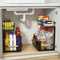 Under Sink Organizer 2 Pack, 2 Tier Pull Out Cabinet Organizers and Storage for Kitchen Bathroom Pantry Laundry, Adjustable Height, Slide Out Thickened Metal Storage Shelf (Black, 2 Pack)