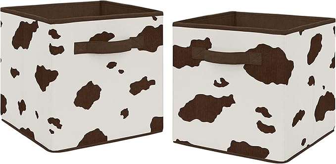 Sweet Jojo Designs Brown and Cream Cow Print Foldable Fabric Storage Cube Bins Boxes Organizer Toys Kids Baby Childrens for Wild West Collection Set of 2