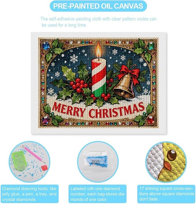 AIVKIEJK Diamond Painting Kits for Adults - Merry Christmas Candle & Holly Accents Painting DIY 5D Full Drill Diamond Dots Paintings with Diamonds Gem Art and Crafts Home Decor 12"x16"