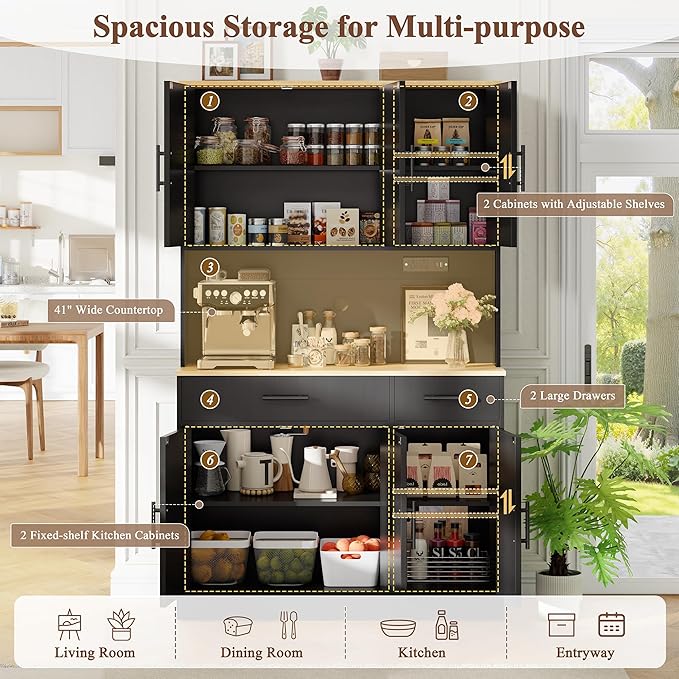 Vongrasig Farmhouse Pantry Cabinet with Charging Station, Tall Kitchen Pantry with Microwave Stand, Storage Drawers & Shelves, Large Kitchen Hutch for Living Room, Dining Room, Black