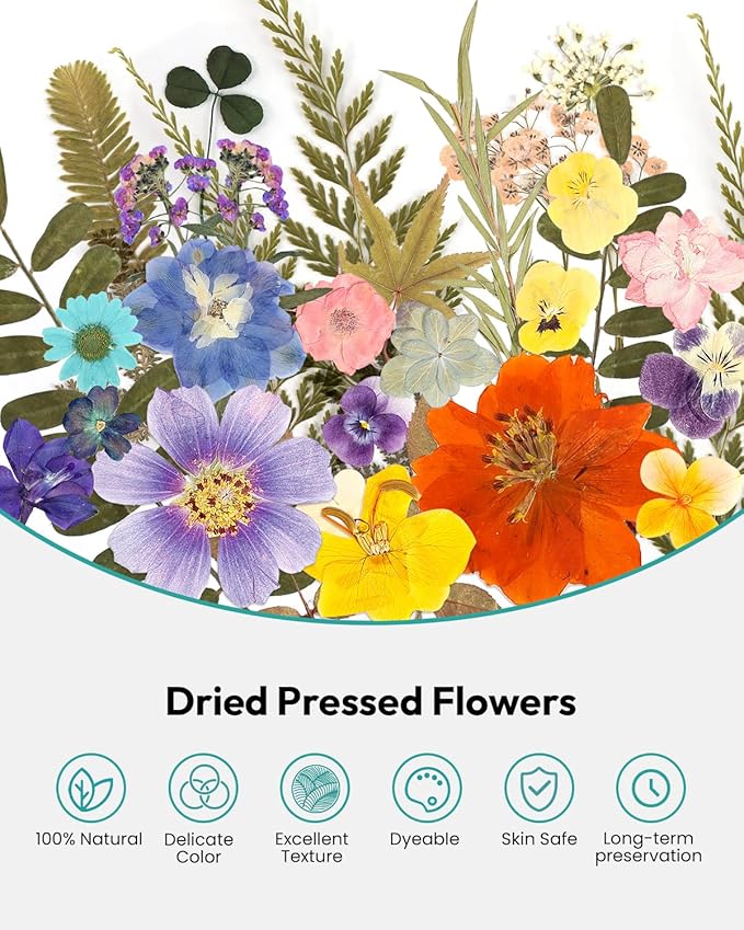 Dried Flowers, Resiners 100Pcs Pressed Flowers for Craft Retro Style Real Natural Dried Flowers Dry Leaves Kit for DIY Making Crafts Resin Soap Candle Scrapbook Supplies Card Making Jewelry